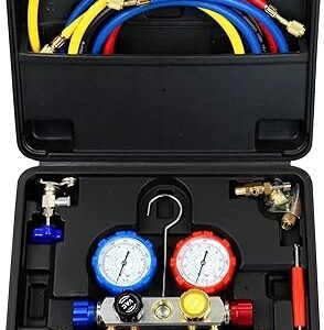 AC Manifold Gauge Set.Residential and Auto Air Conditioner Diagnostic Test and Recharge.4 Way HVAC R134a R404a R410a Freon Charging Tool Kit, with Hoses Couplers Can Taps Adapter Case.