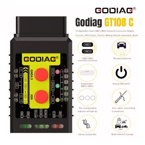 Godiag GT108 Configuration Super OBDI-OBDII Universal CAN Conversion Adapter For Trucks, Tractors, Mining Vehicles, Generators, Boats