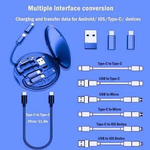 USB C to Lightning Type C Micro Adapter Data Transfer Contains Card Slot for Traveling, Use as Phone Holder USB Adapter Kit Cable Card,Multi-Type Charging Cable Case Convertor (Midnight Blue)