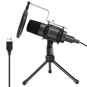 Condenser Streaming Microphone USB Built In Sound Card + Microphone, Portable With 270° Adjustable Tripod, USB Connector, Black