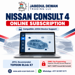 Nissan CONSULT 4 online subscription graphic with JDTCL branding, compatible J2534 support and TOPDON RLink X7 recommendation.
