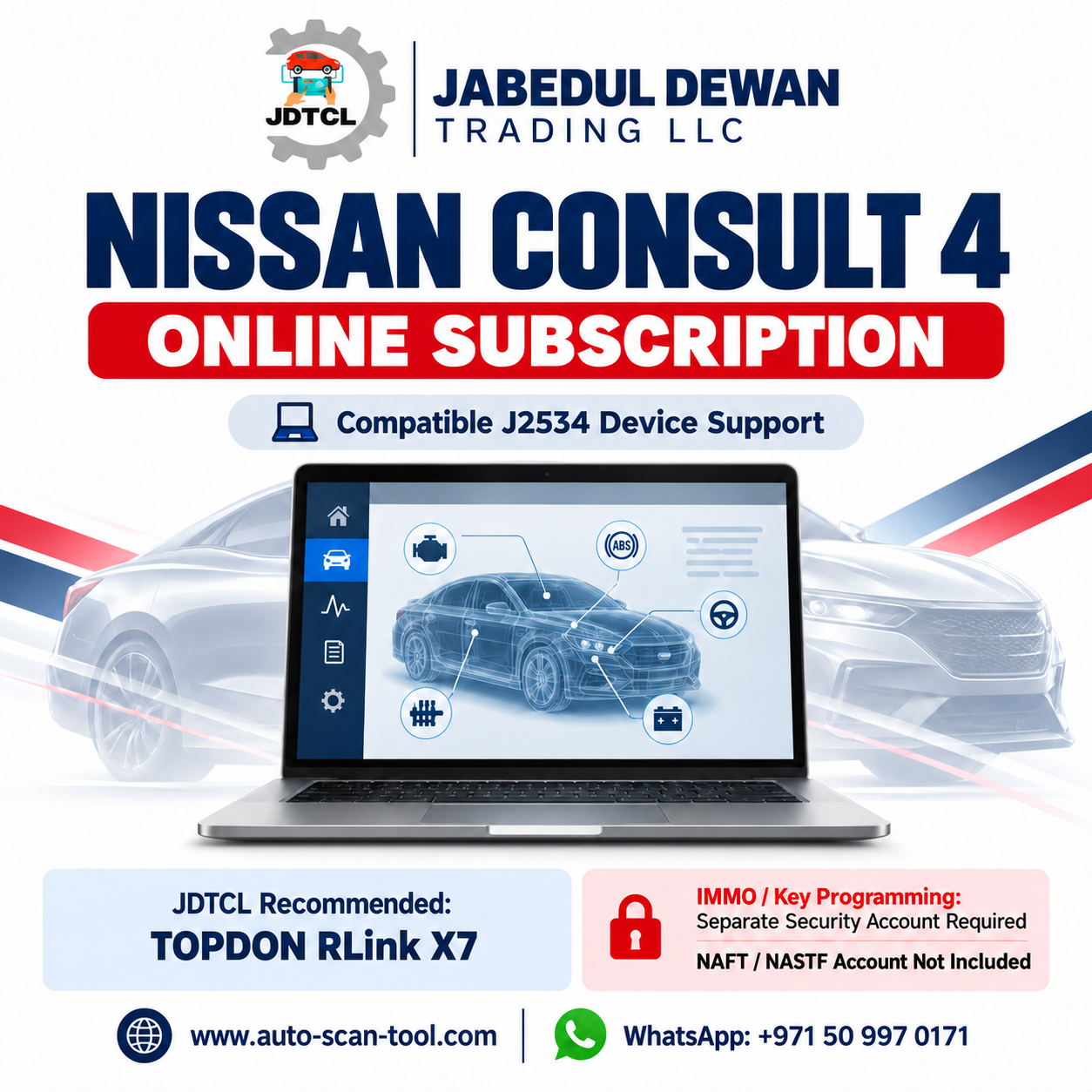 Nissan CONSULT 4 online subscription graphic with JDTCL branding, compatible J2534 support and TOPDON RLink X7 recommendation.