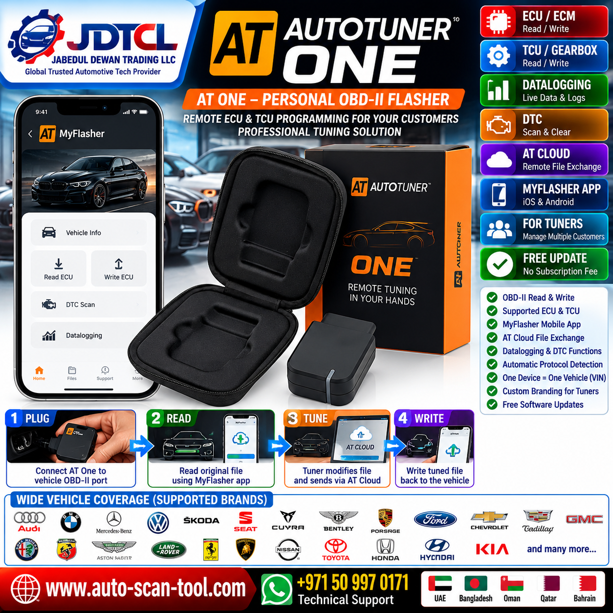 AutoTuner One AT One personal OBD-II ECU TCU remote flasher with MyFlasher app and AT Cloud