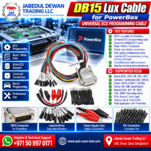 DB15 Lux Cable for PowerBox universal ECU bench programming cable with labeled wires and connectors