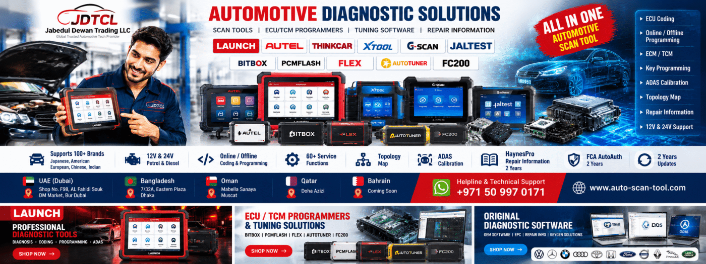 Jabedul Dewan Trading LLC automotive diagnostic tools, ECU TCM programming and tuning solutions website banner