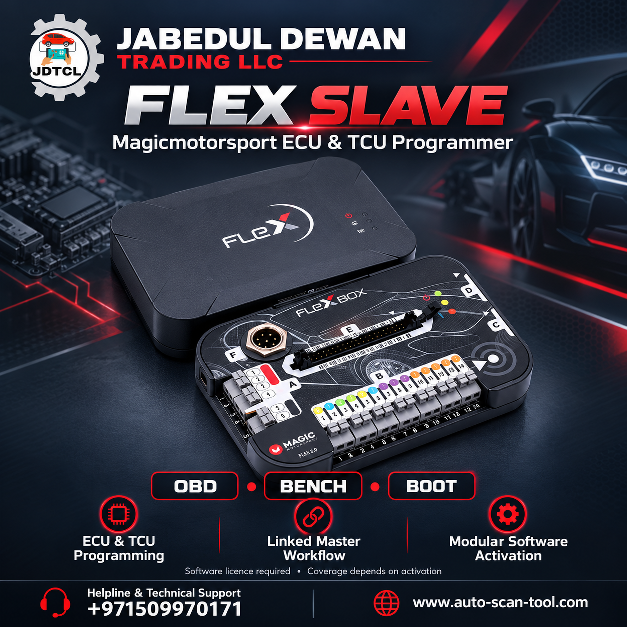 Jabedul Dewan Trading LLC branded Magicmotorsport FLEX Slave ECU and TCU programmer with FlexBox, OBD Bench Boot support depending on software activation