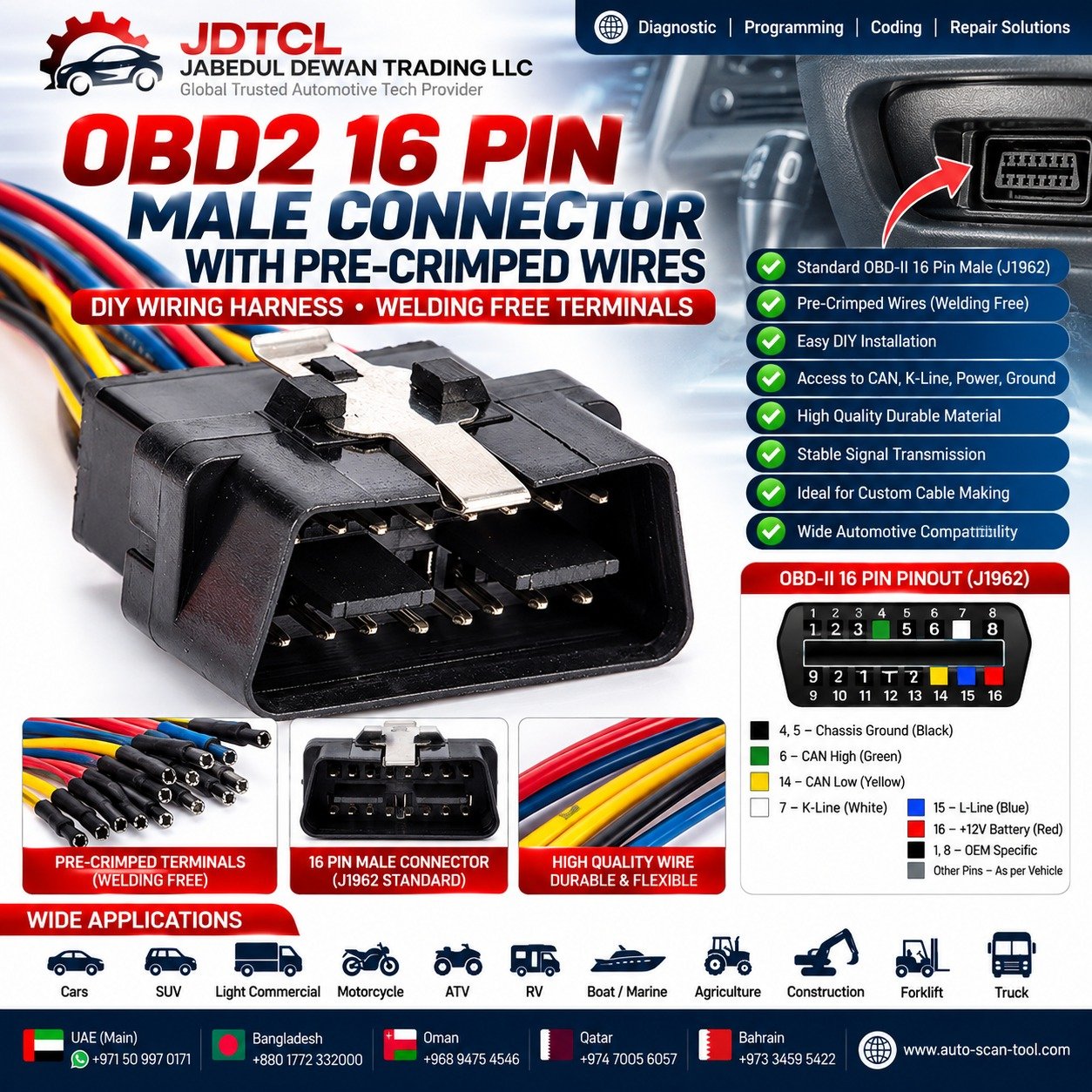 OBD2 16 Pin Male Connector with Pre-Crimped Wires J1962 Diagnostic CAN Bus ECU Programming Harness