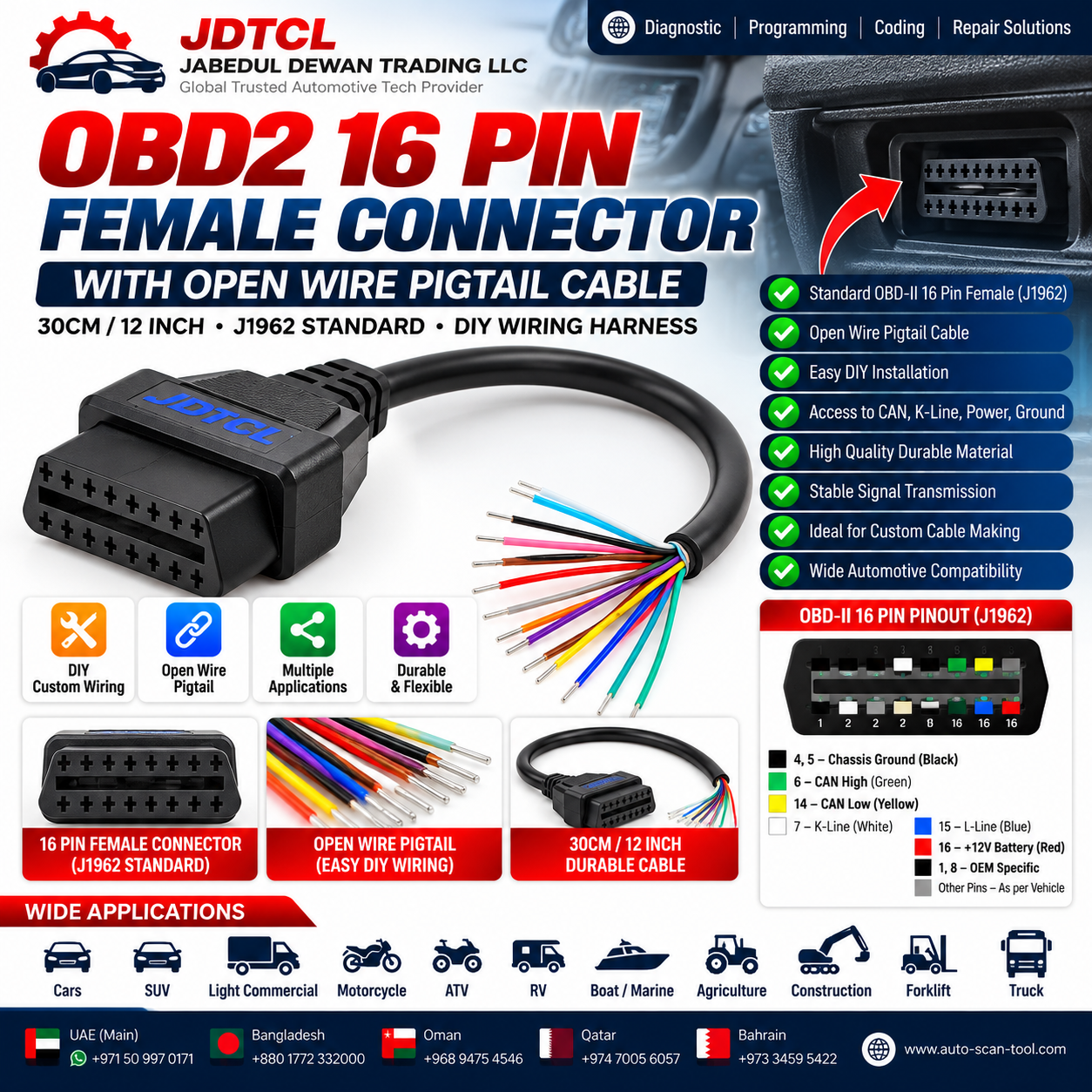 OBD2 16 Pin Female Open Wire Pigtail Cable 30CM J1962 Diagnostic Wiring Harness
