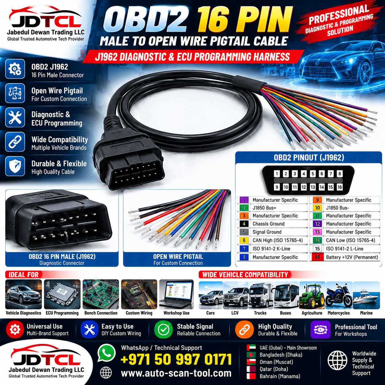 OBD2 16 Pin Male to Open Wire Pigtail Cable J1962 Diagnostic ECU Programming Harness